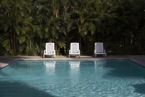 Outdoor pool, pool umbrellas, pool loungers