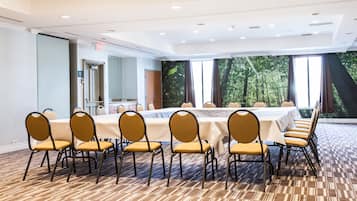 Une salle de conférence dotée d’une longue table et de chaises, de grandes fenêtres donnant sur une forêt et d’un tapis à motifs.