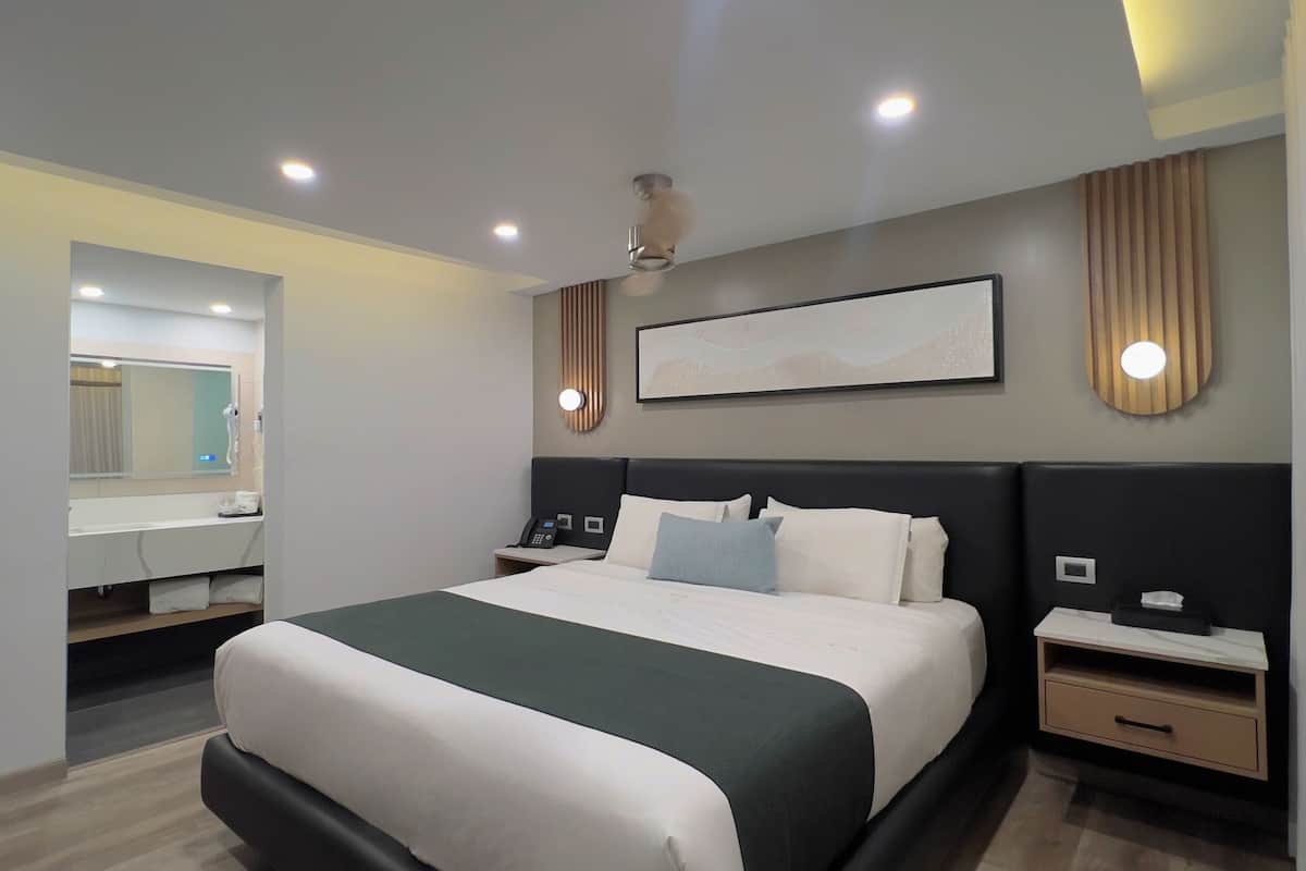 A modern hotel room with a large bed, bedside tables, a mirror, and recessed ceiling lighting.