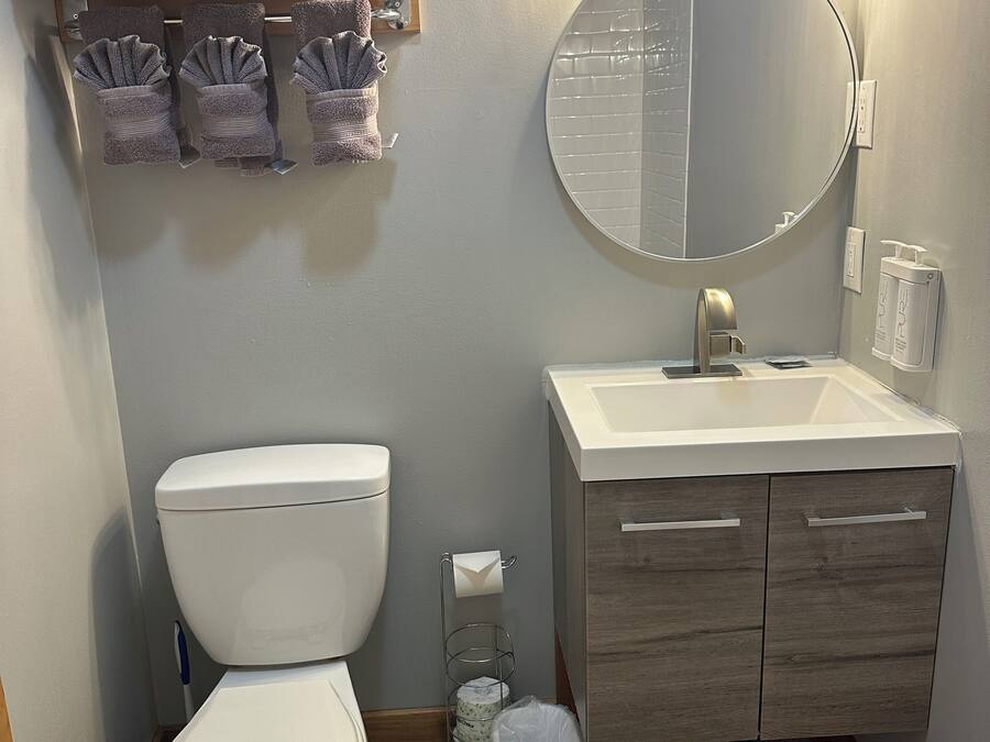 A bathroom with a toilet, sink, mirror, towel rack, and a trash bin.