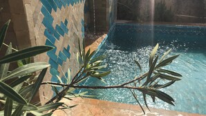 Una piscina con un muro de azulejos y una rama de planta al frente.