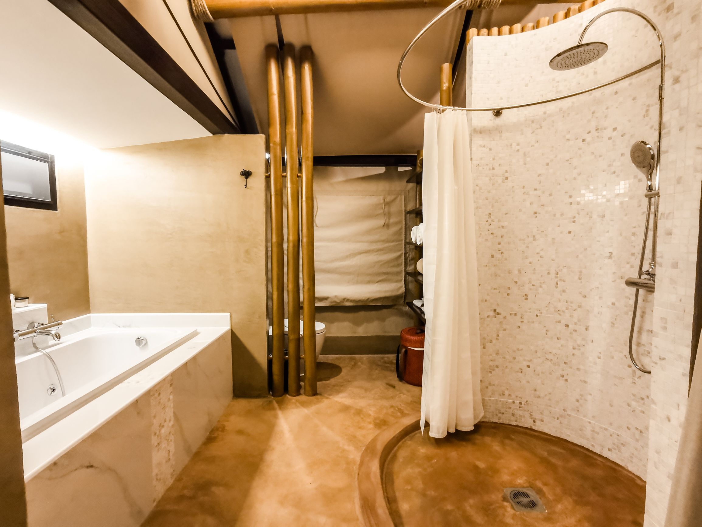 deluxe signature tents | bathroom | hair dryer, bathrobes, slippers, towels