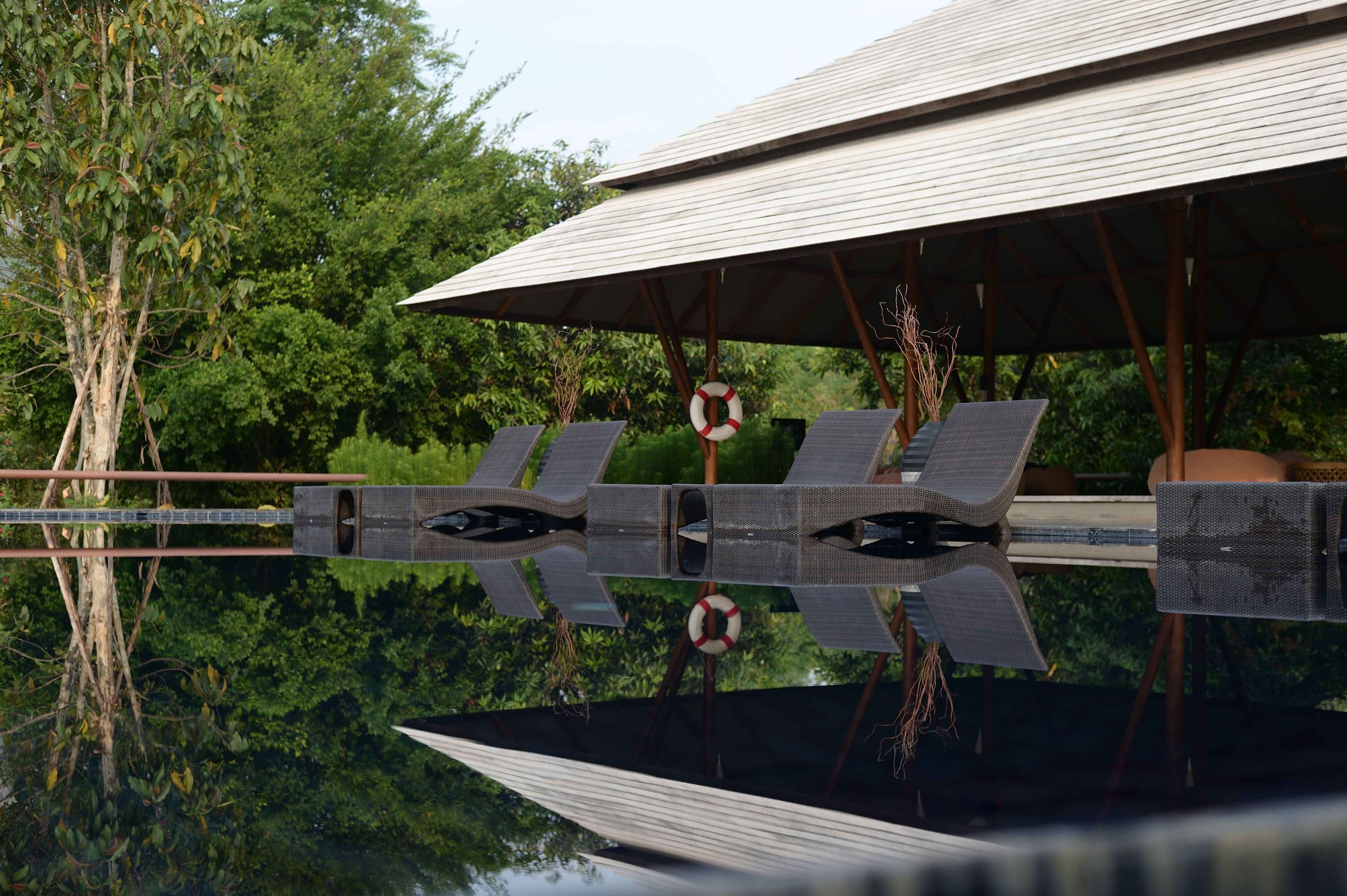 A pool area with lounge chairs and a canopy.
