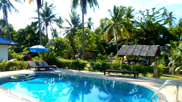 A swimming pool with lounge chairs and umbrellas, surrounded by palm trees and tropical vegetation. - Baan Kuasakul Resort (Koh Samui)
