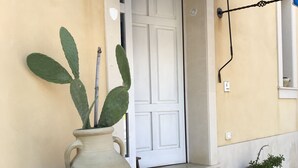Eine große Keramikvase mit einer Kakteepflanze auf einem gefliesten Gehweg neben einem Gebäude mit einer weißen Tür und einem blauen Vordach, auf dem "B&B" steht.