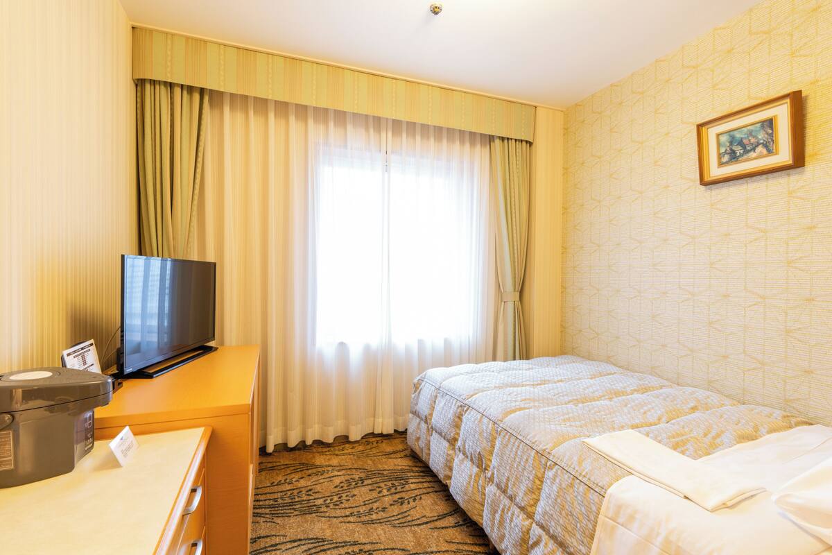 A hotel room with a bed, a television on a wooden table, and a window with curtains.