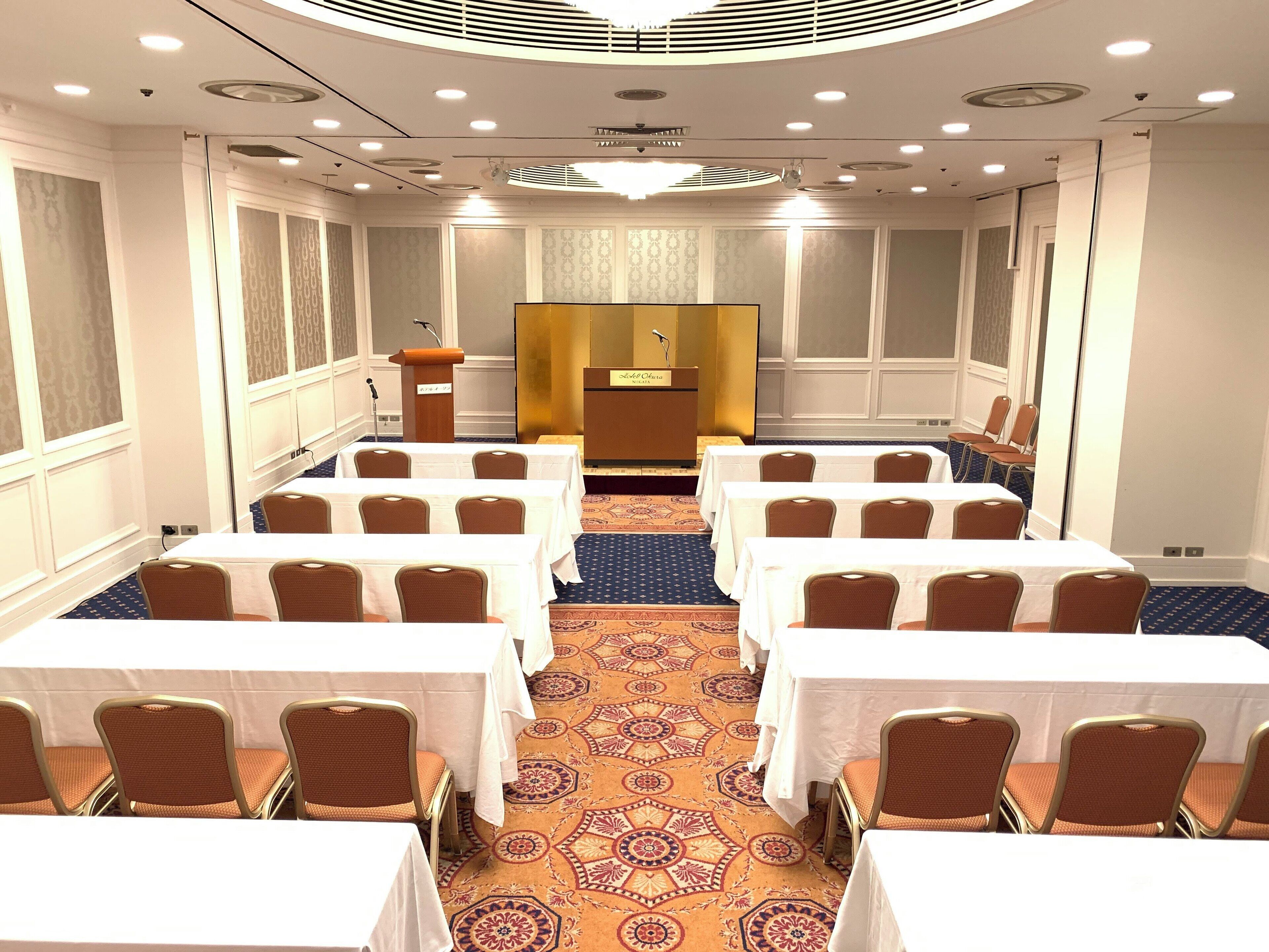 Une salle de conférence équipée de tables et de chaises, d’un pupitre et d’une moquette à motifs.