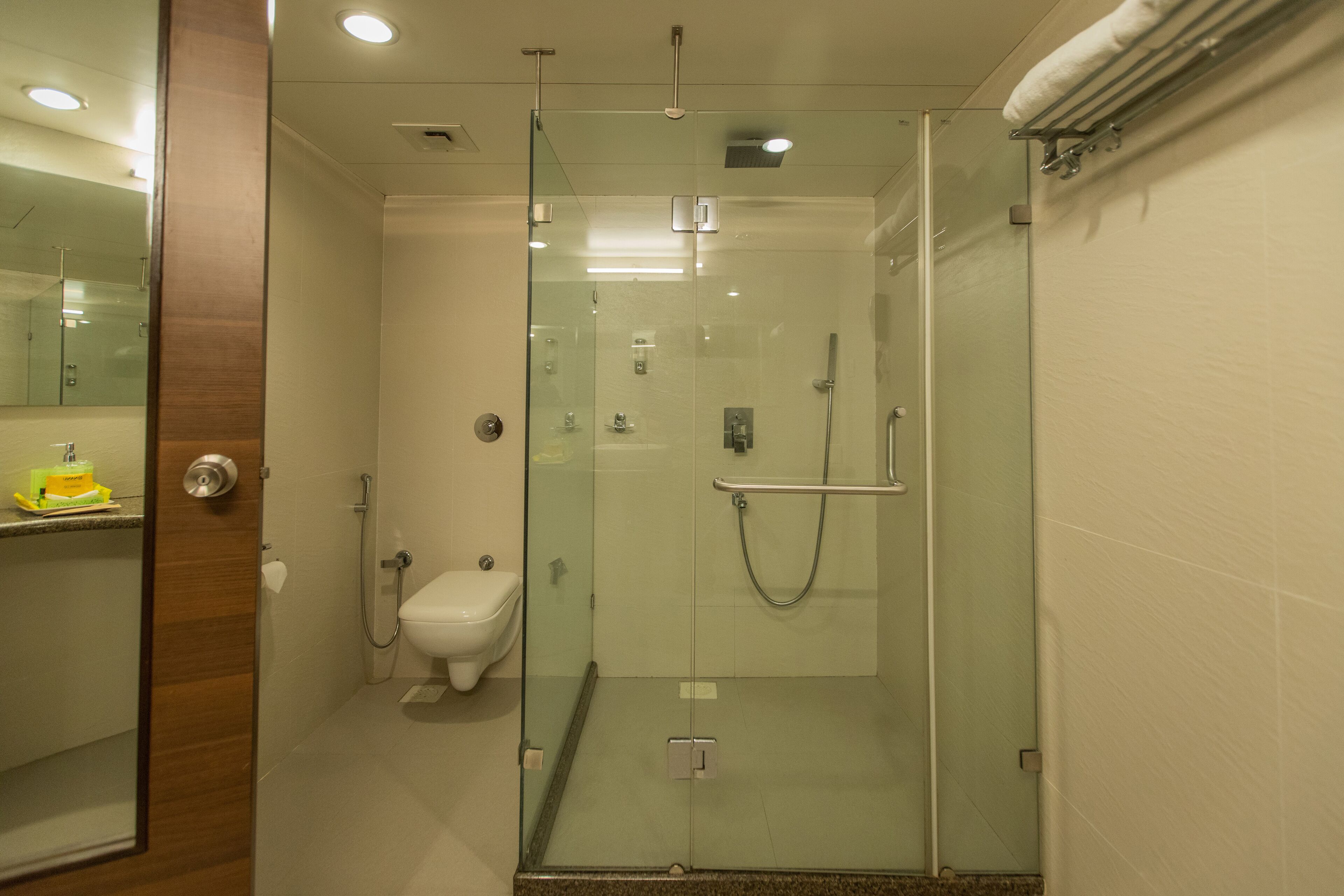 Uma casa de banho moderna com chuveiro de vidro, sanita e espelho.