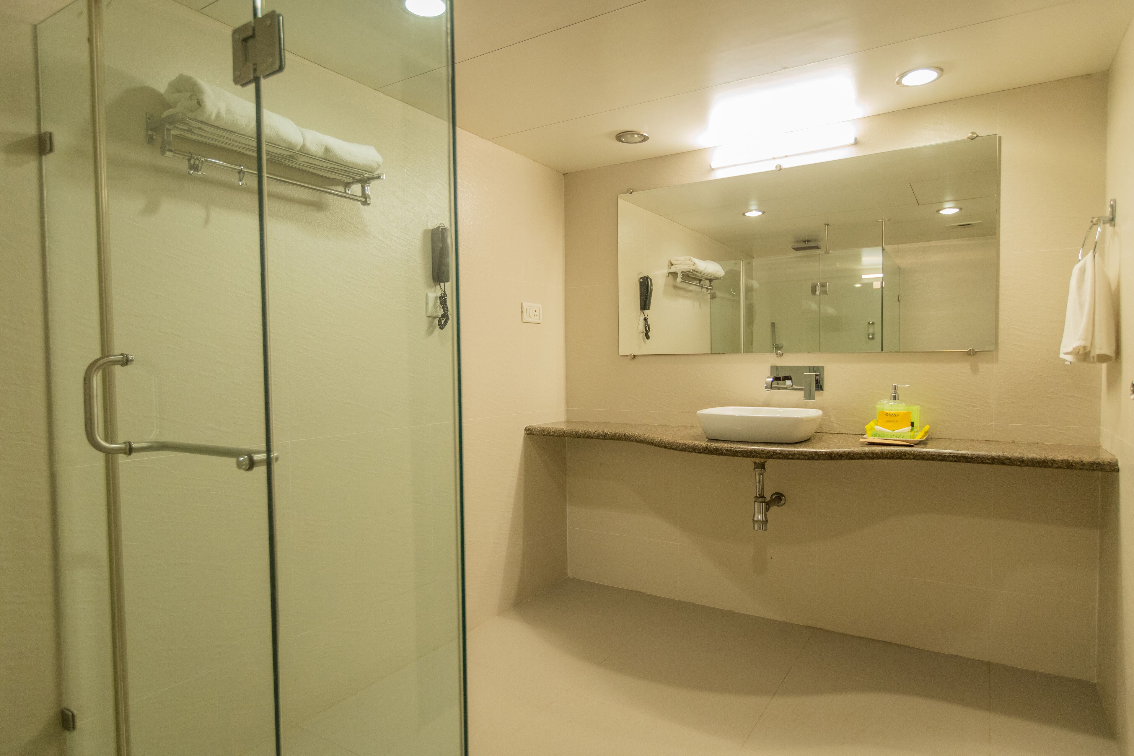 A modern bathroom with a glass shower enclosure, a white sink, and a large mirror above it.