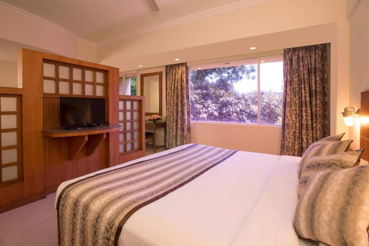 A hotel room with a bed, a TV, a window with curtains, and a view of trees.