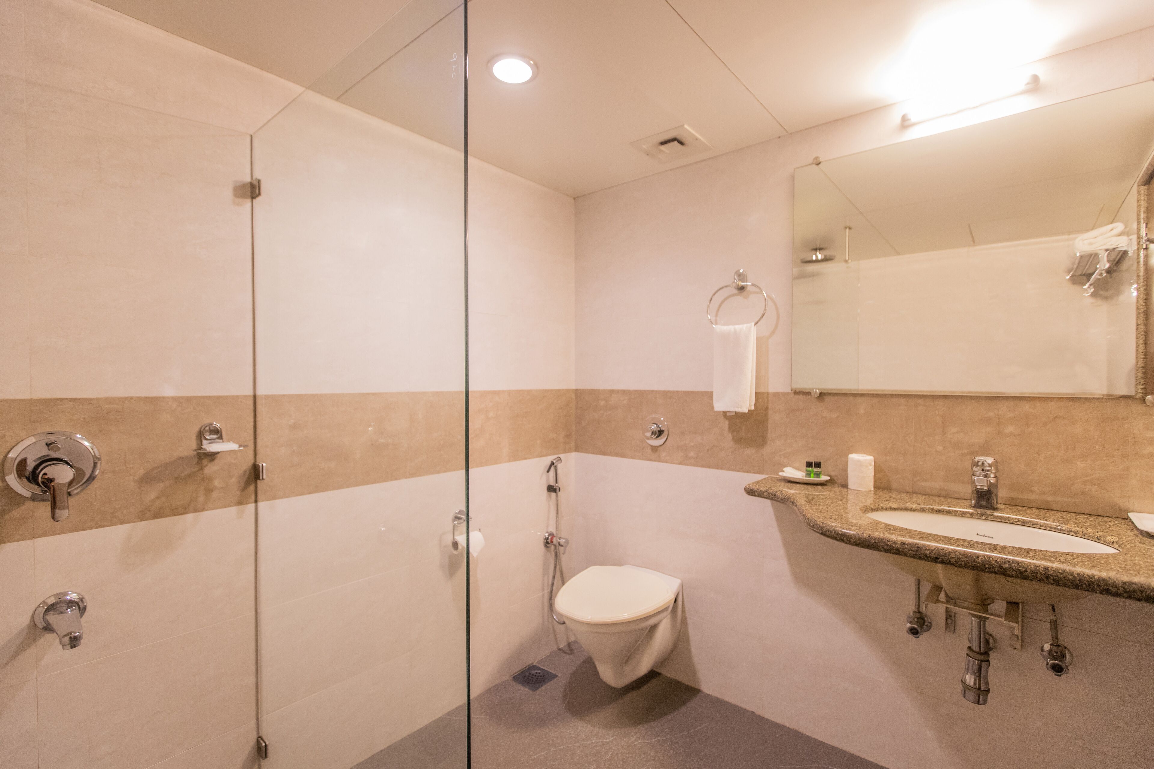 shower, free toiletries, hair dryer, towels