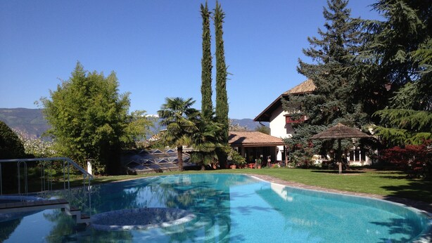 Une piscine dont le bord est revêtu de carrelage, entourée d’une pelouse et d’arbres.