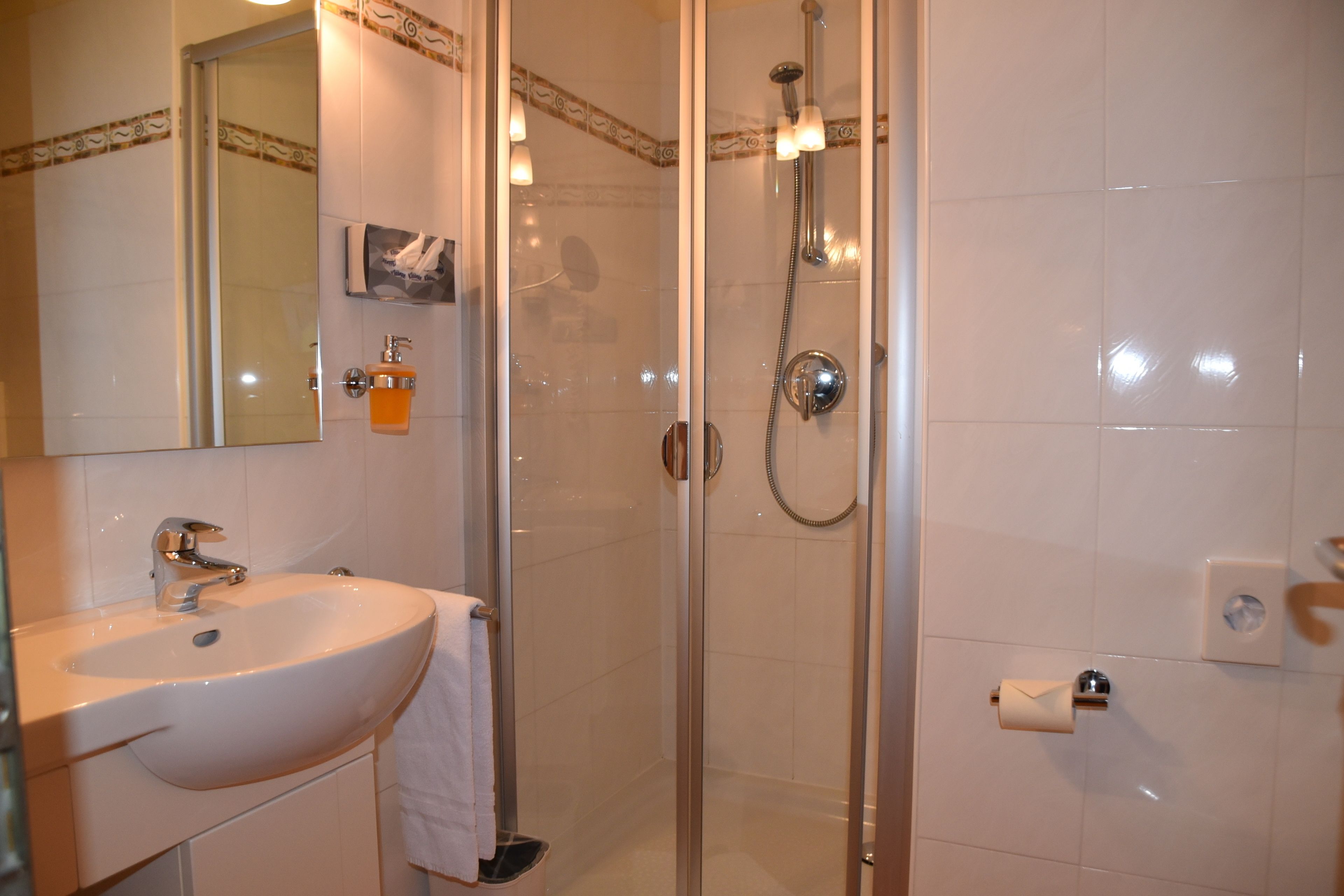 basic twin room | bathroom | shower, free toiletries, hair dryer, towels