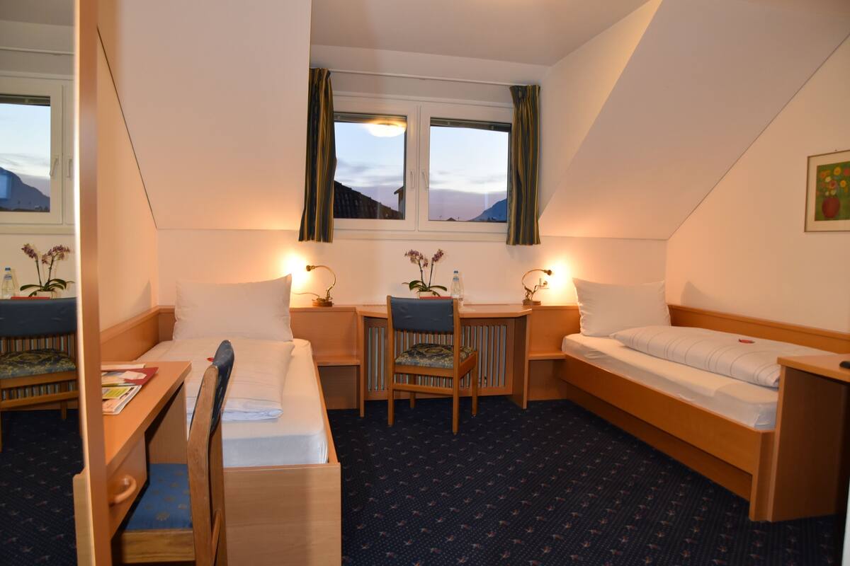 Une chambre d’hôtel de taille modeste, comprenant un lit, un bureau, une chaise et une petite table. Elle est dotée de deux fenêtres avec des rideaux, d’une lampe fixée au mur et d’un tableau encadré.