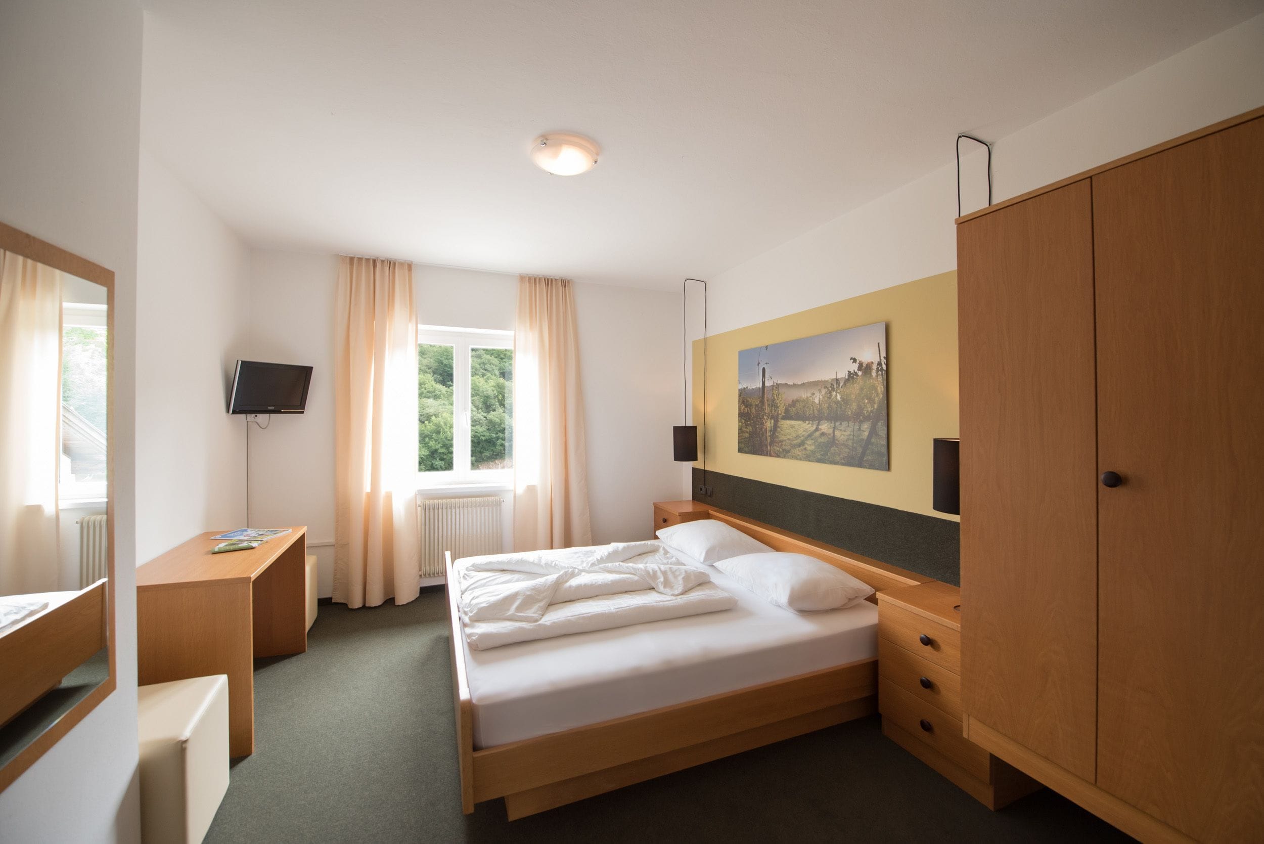 A hotel room with a bed, a desk, a TV, a wardrobe, and a window with curtains.