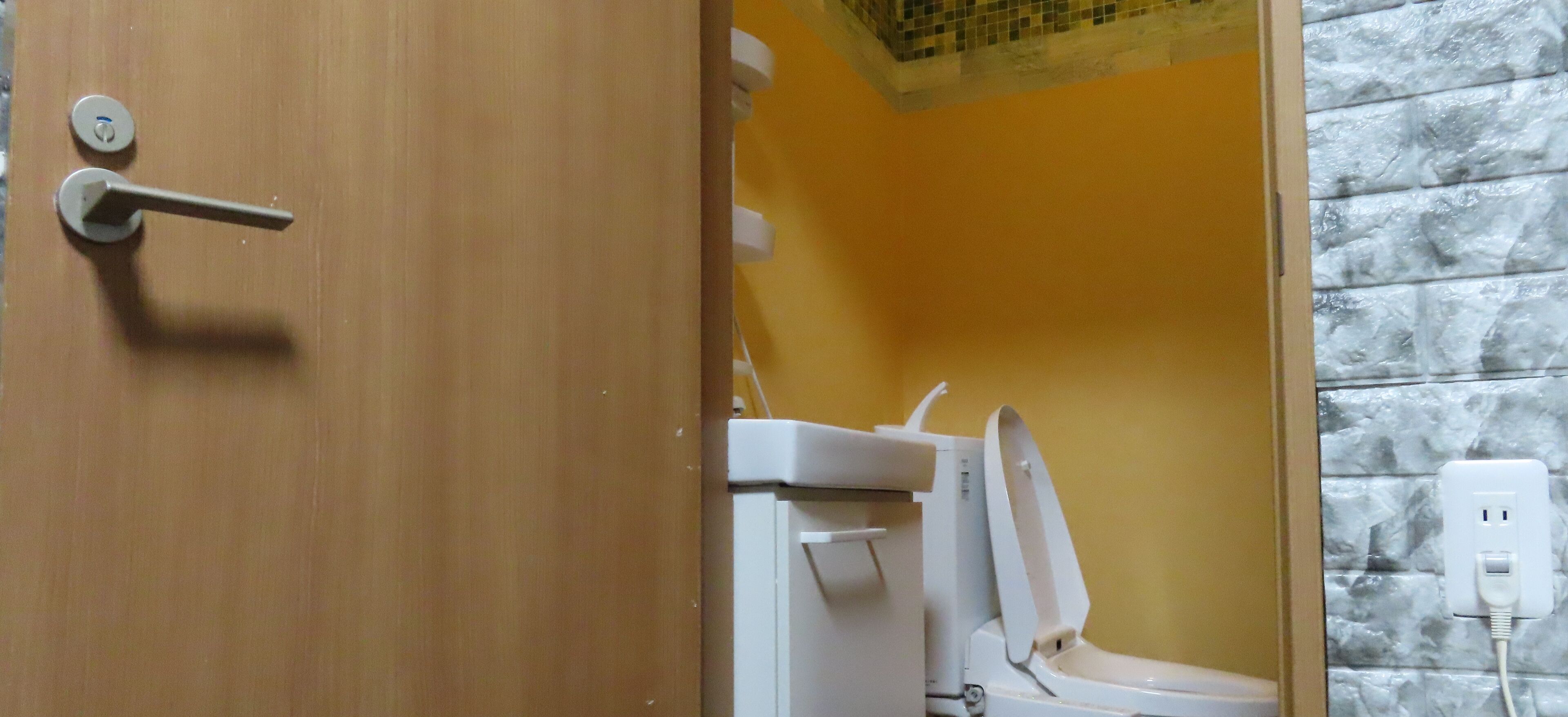 A bathroom with a wooden door, a toilet, and a wall socket.