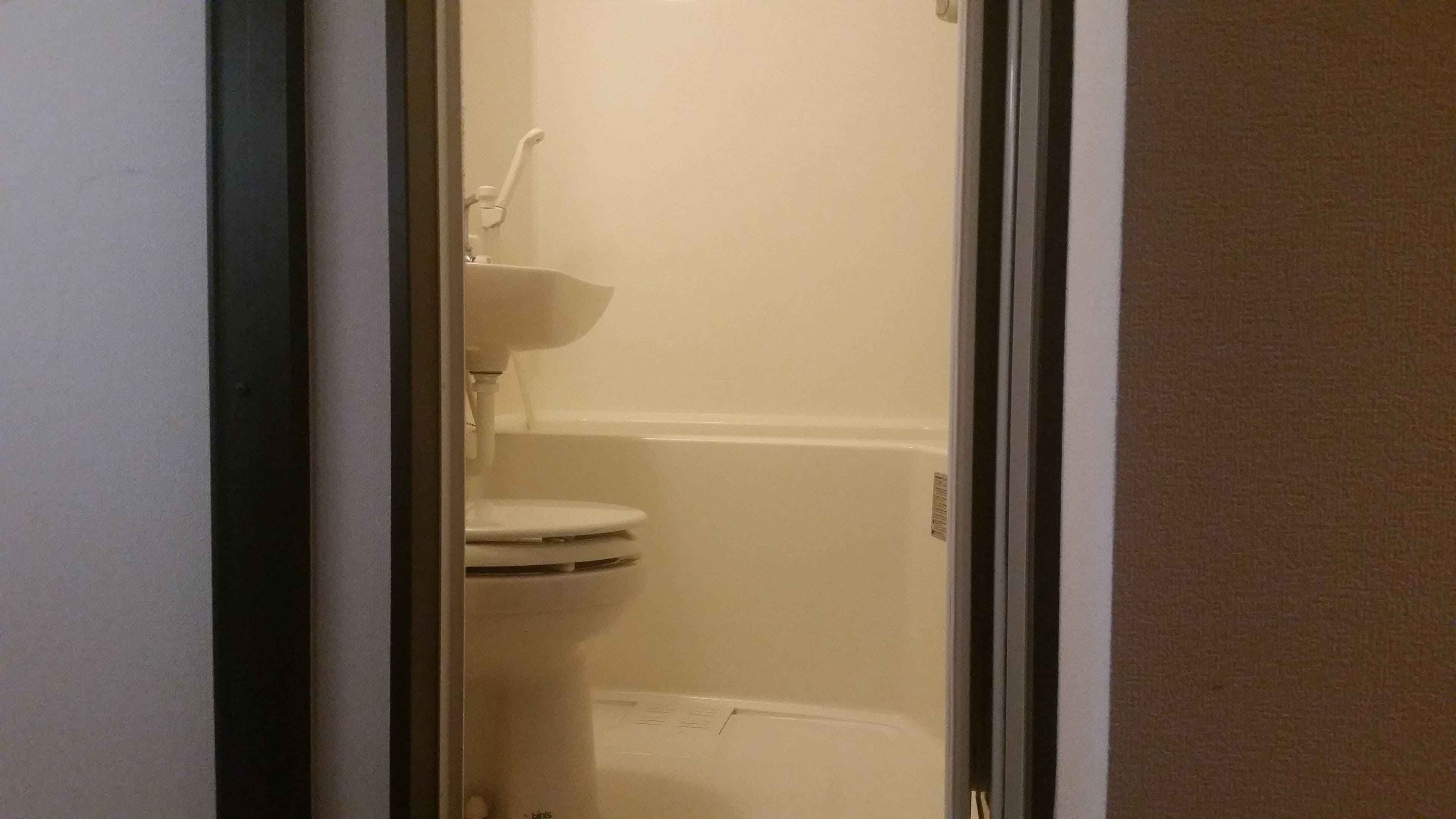A small, enclosed bathroom with a toilet and a shower stall.