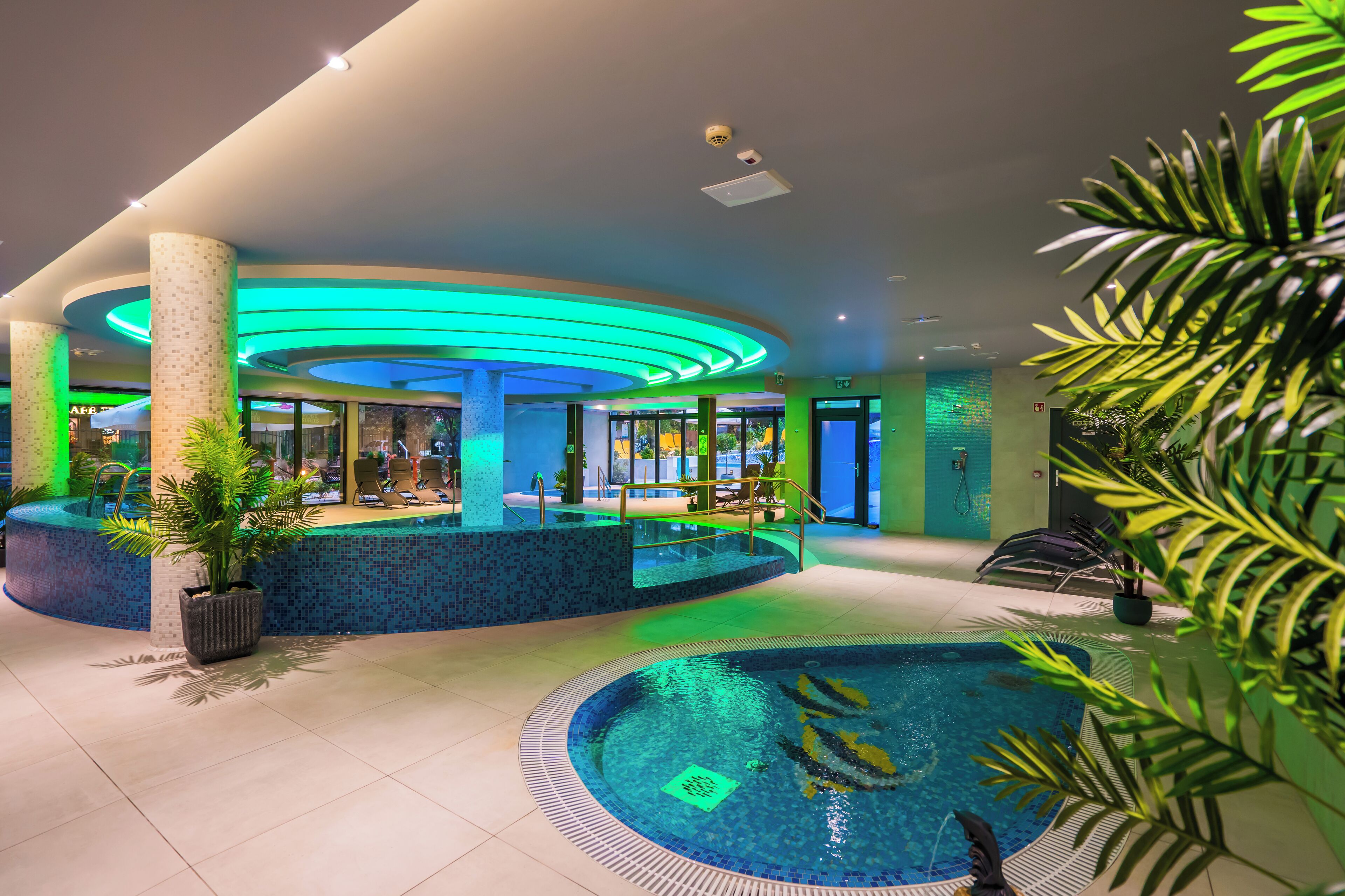 An indoor swimming pool area with a circular design, seating around the pool, and a view of the outside through glass doors.