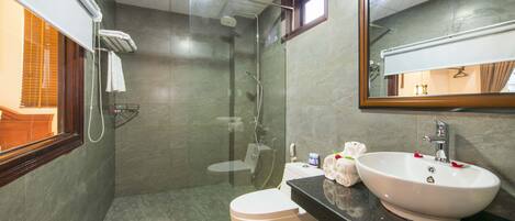A modern bathroom with a glass-enclosed shower, a white toilet, and a sink with a mirror above it.