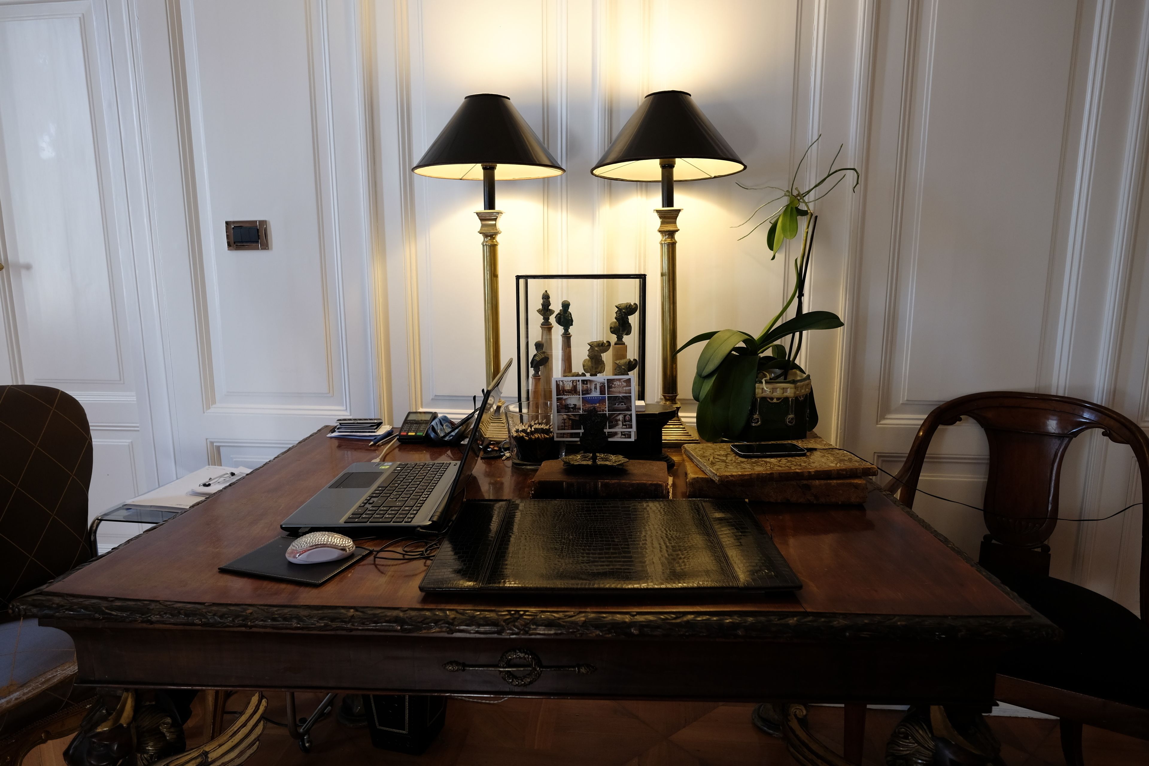 A wooden desk with a laptop, a mouse, and a lamp. There is a plant on the right side of the desk.