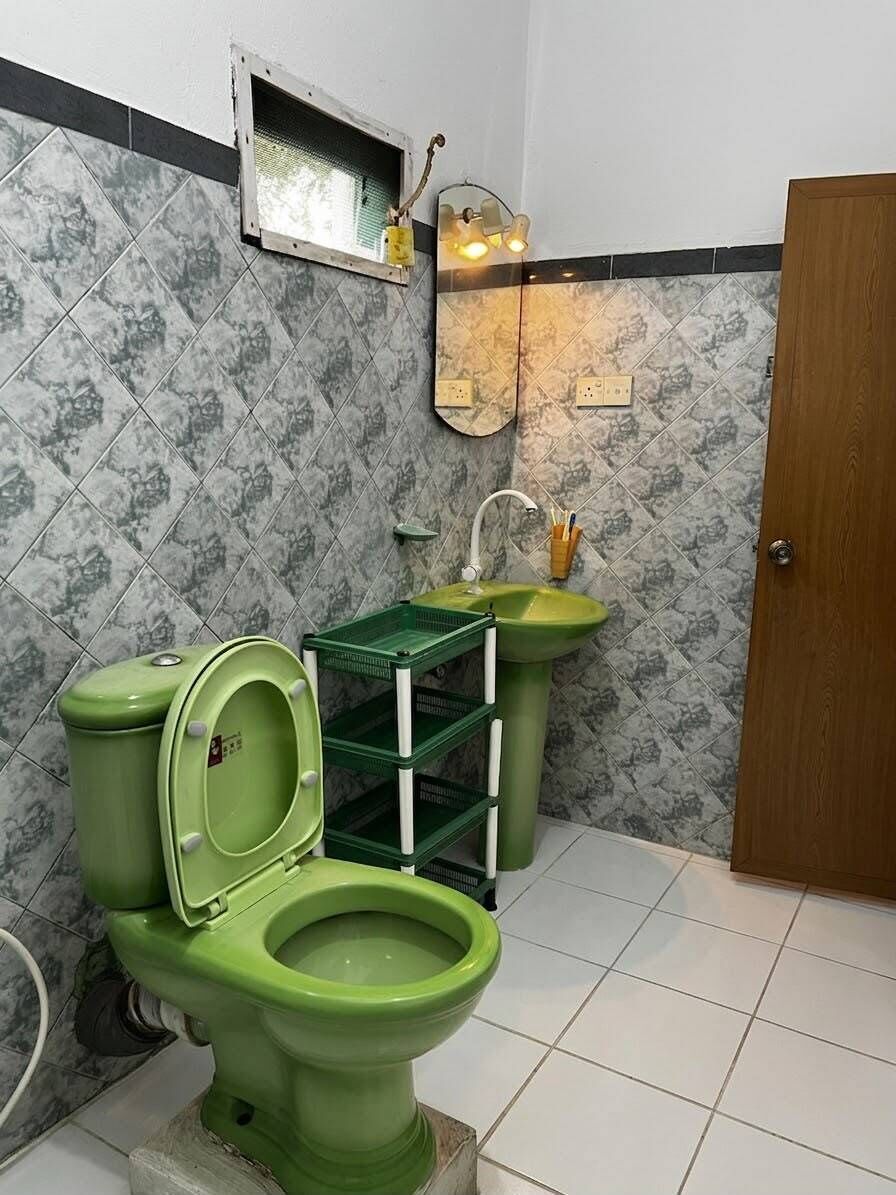 A bathroom with a green toilet, a green sink, and a mirror above the sink.