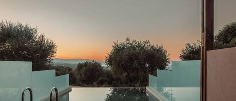 A modern infinity pool with glass railings, wooden deck, and a view of trees and a sunset.