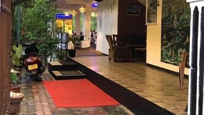 An indoor corridor with a red carpet, potted plants, and a scooter parked on the left. - White House Adam's Peak (Nallathanniya)