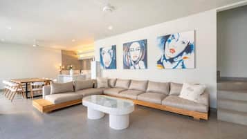 50-inch flat-screen TV with satellite channels, TV, DVD player