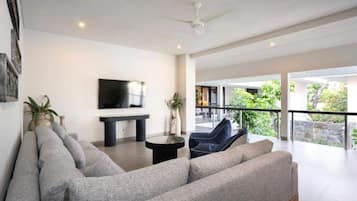 50-inch flat-screen TV with satellite channels, TV, DVD player