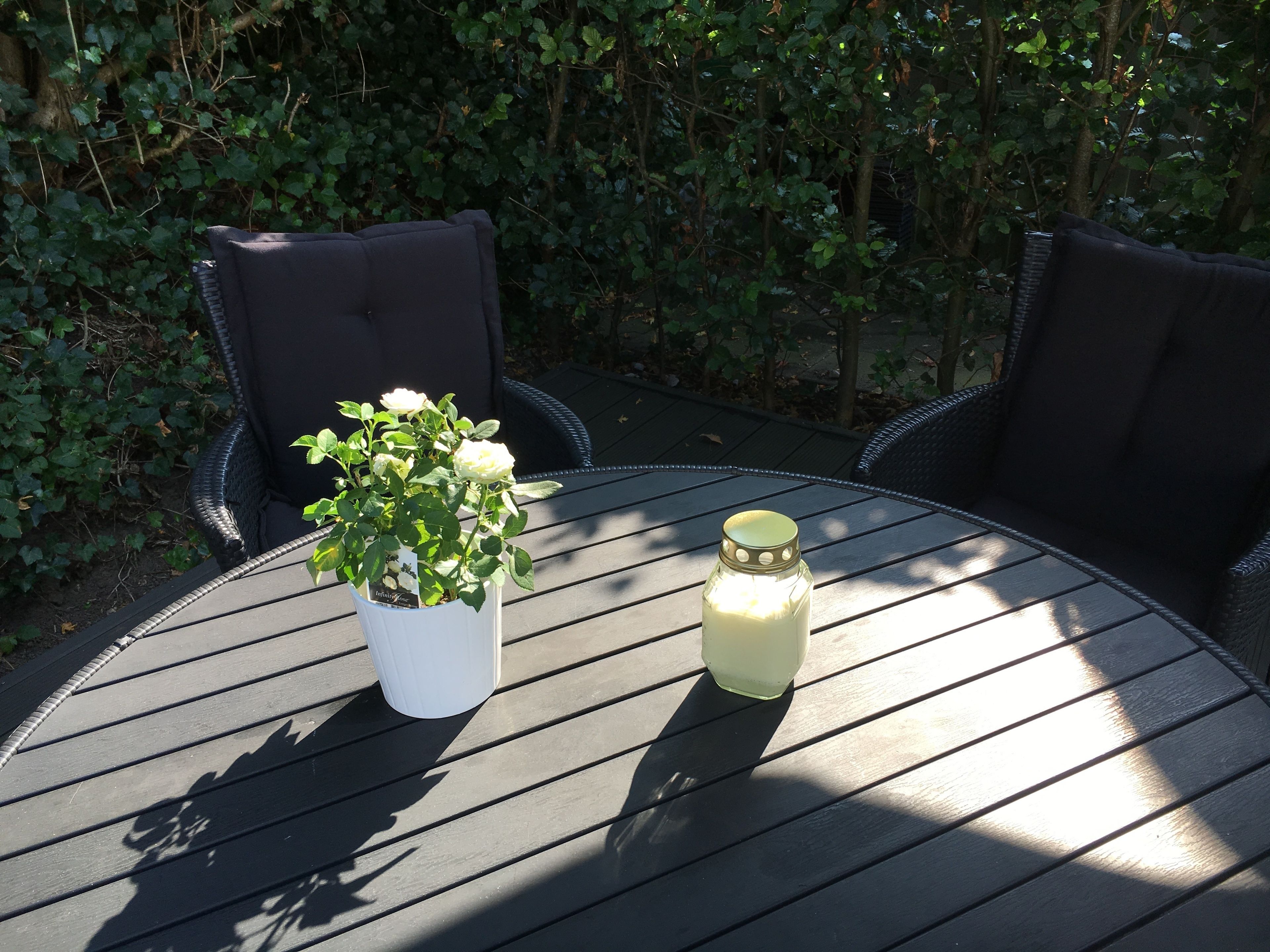 Uma mesa redonda ao ar livre com um vaso de planta e uma vela.