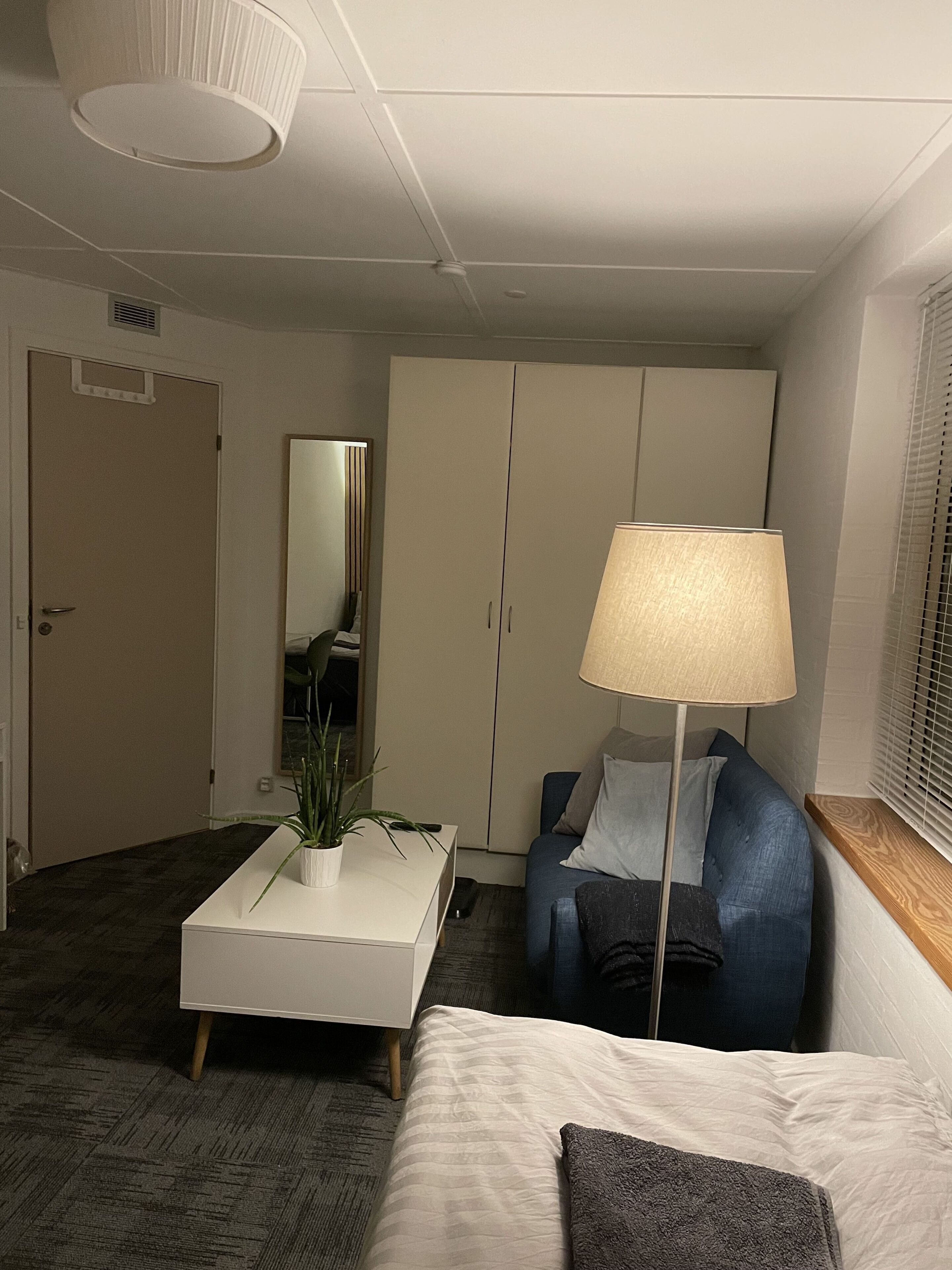 Une chambre d’hôtel comprenant un lit, un bureau avec une plante, une chaise, une lampe, une armoire et un miroir.