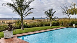 A rectangular swimming pool with a brick border, surrounded by a well-maintained lawn and various trees.