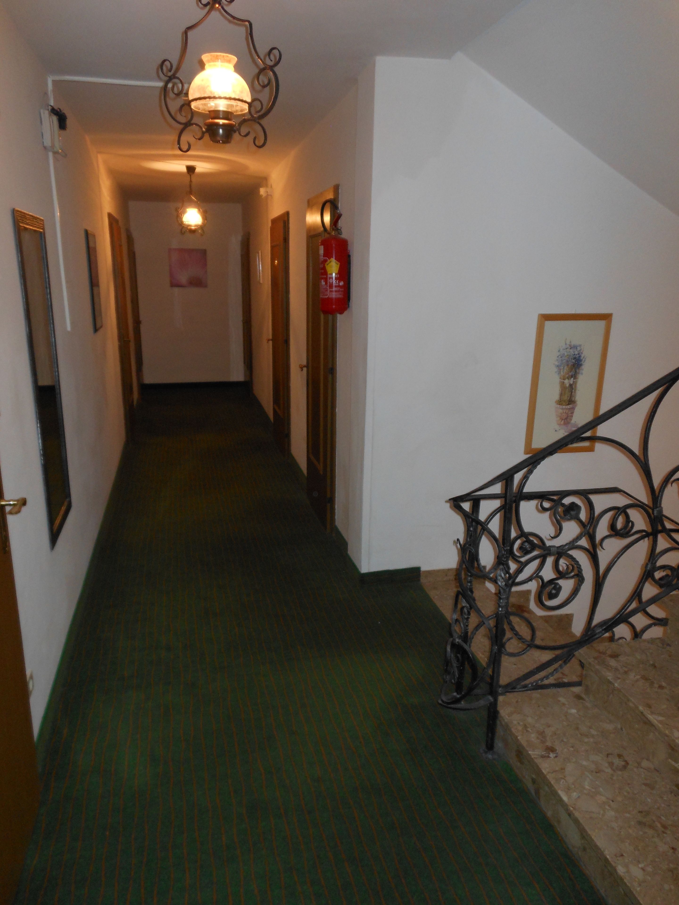 Un pasillo con alfombra verde, una escalera con barandilla metálica, un extintor y un cuadro en la pared.