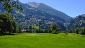 A lush green field with a small building in the foreground and a mountain range in the background. - Pension St. Leonhard (Bad Gastein)