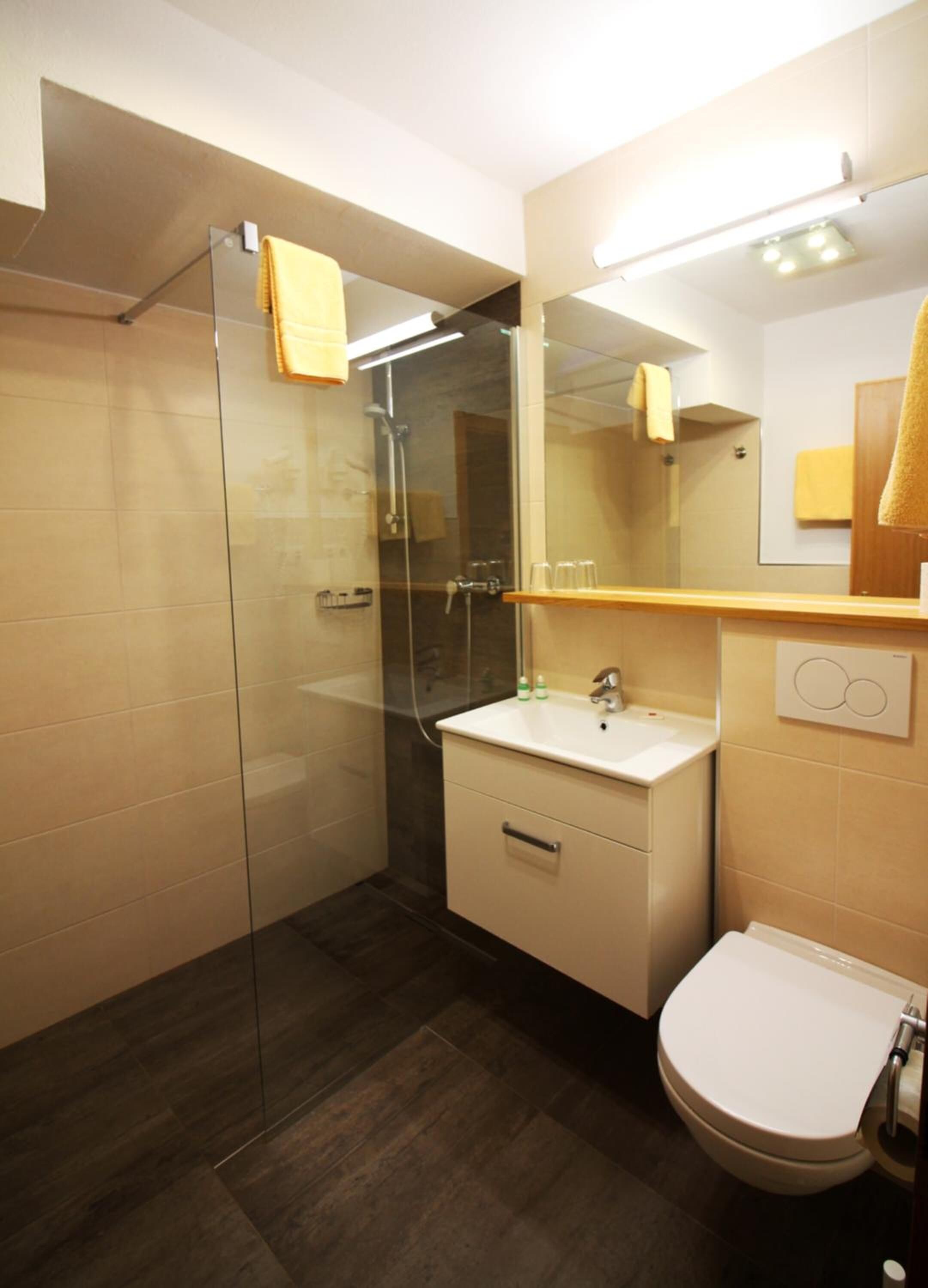 A modern bathroom with a glass shower enclosure, a white sink, and a toilet.