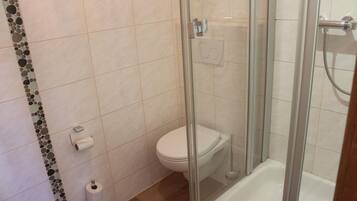 A bathroom with a glass-enclosed shower, a toilet, and a bathtub.