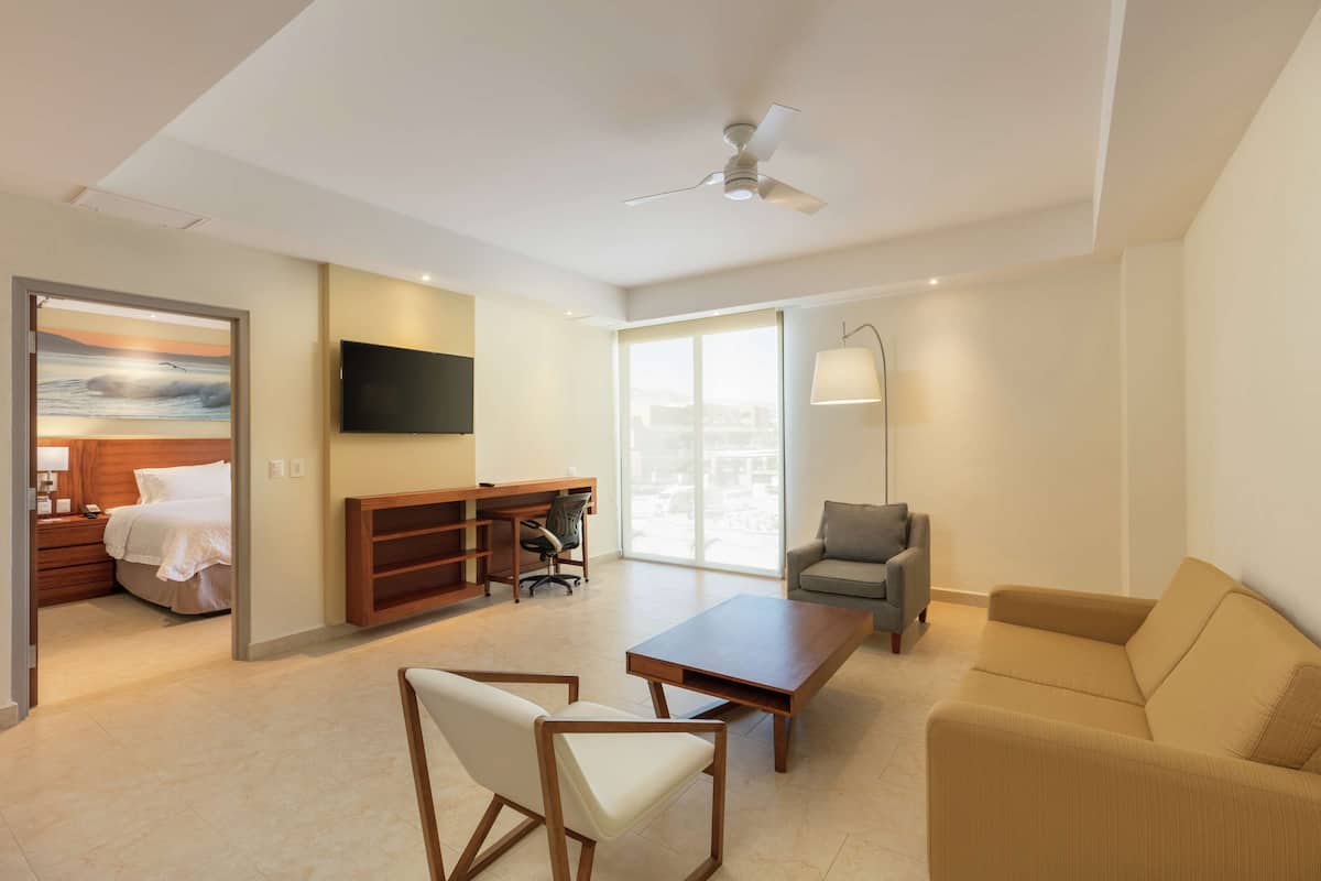 Quarto de hotel com uma cama, uma mesa de escritório com cadeira, um sofá, uma mesa de centro, uma TV e uma janela grande.