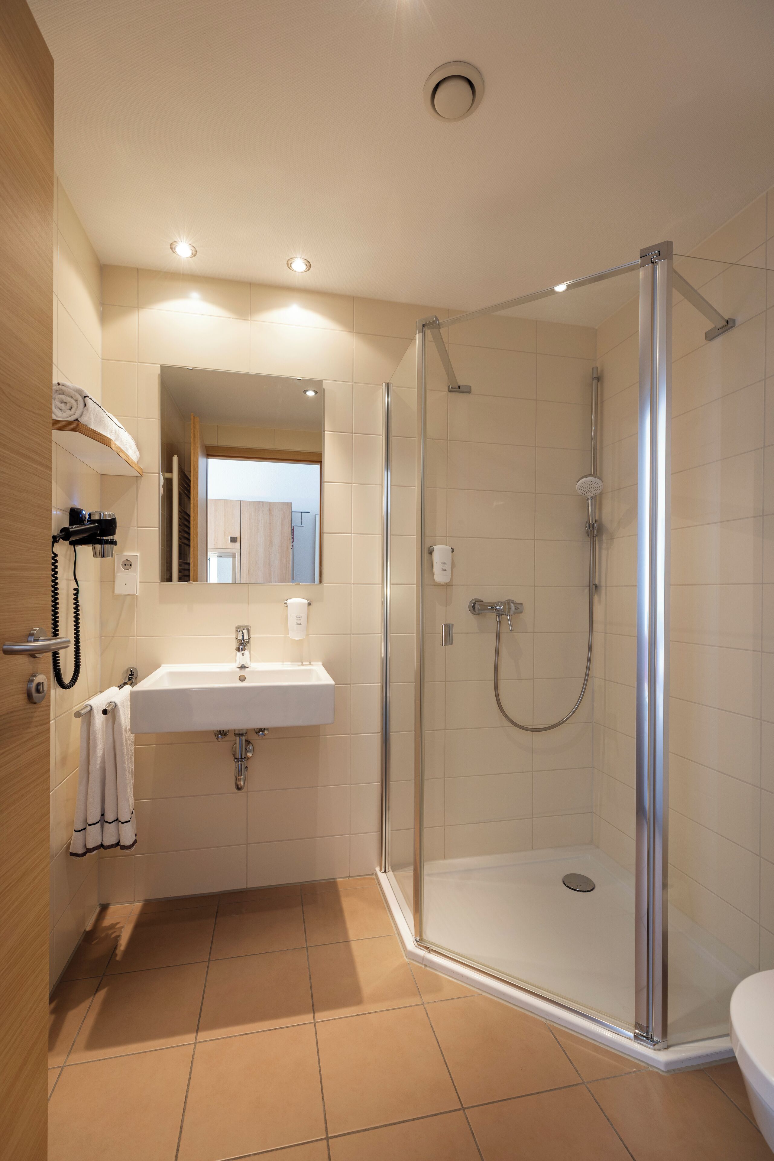 A modern bathroom with a glass-enclosed shower, a white sink, and a mirror above it.