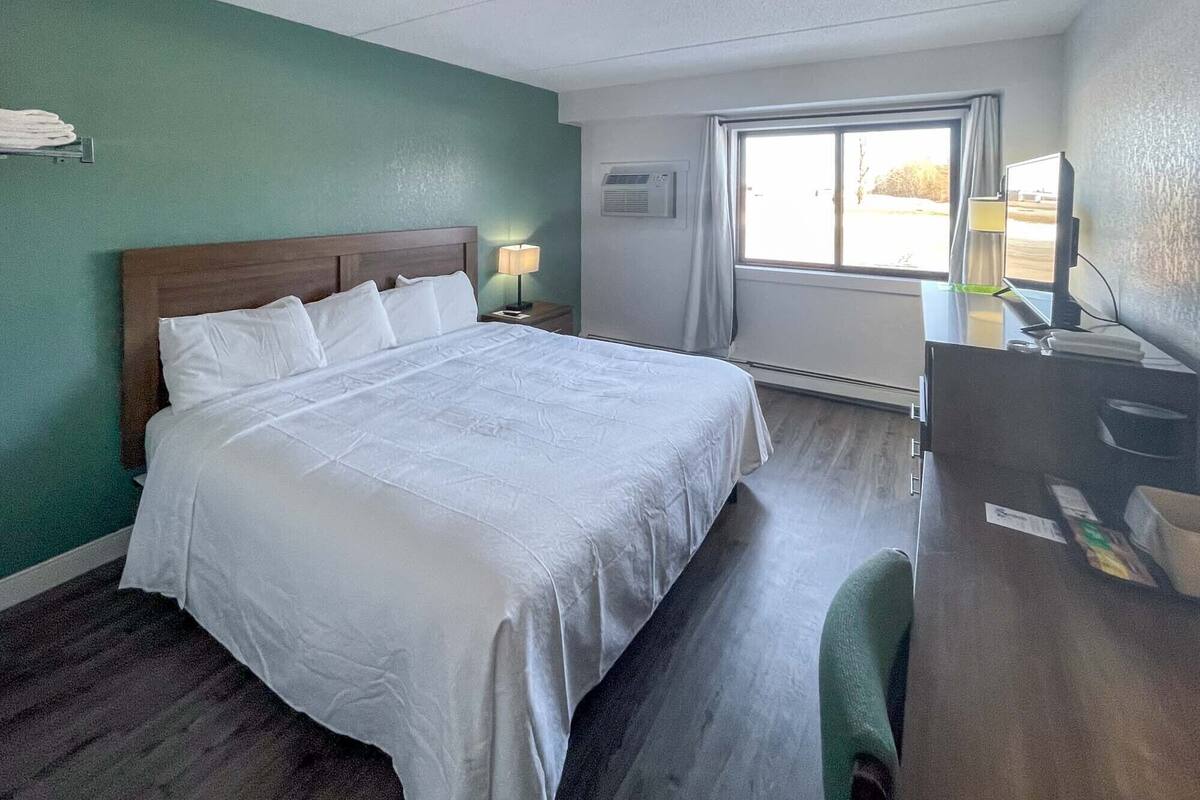 A hotel room with a large bed, a desk with a chair, a window with a view, and a TV.