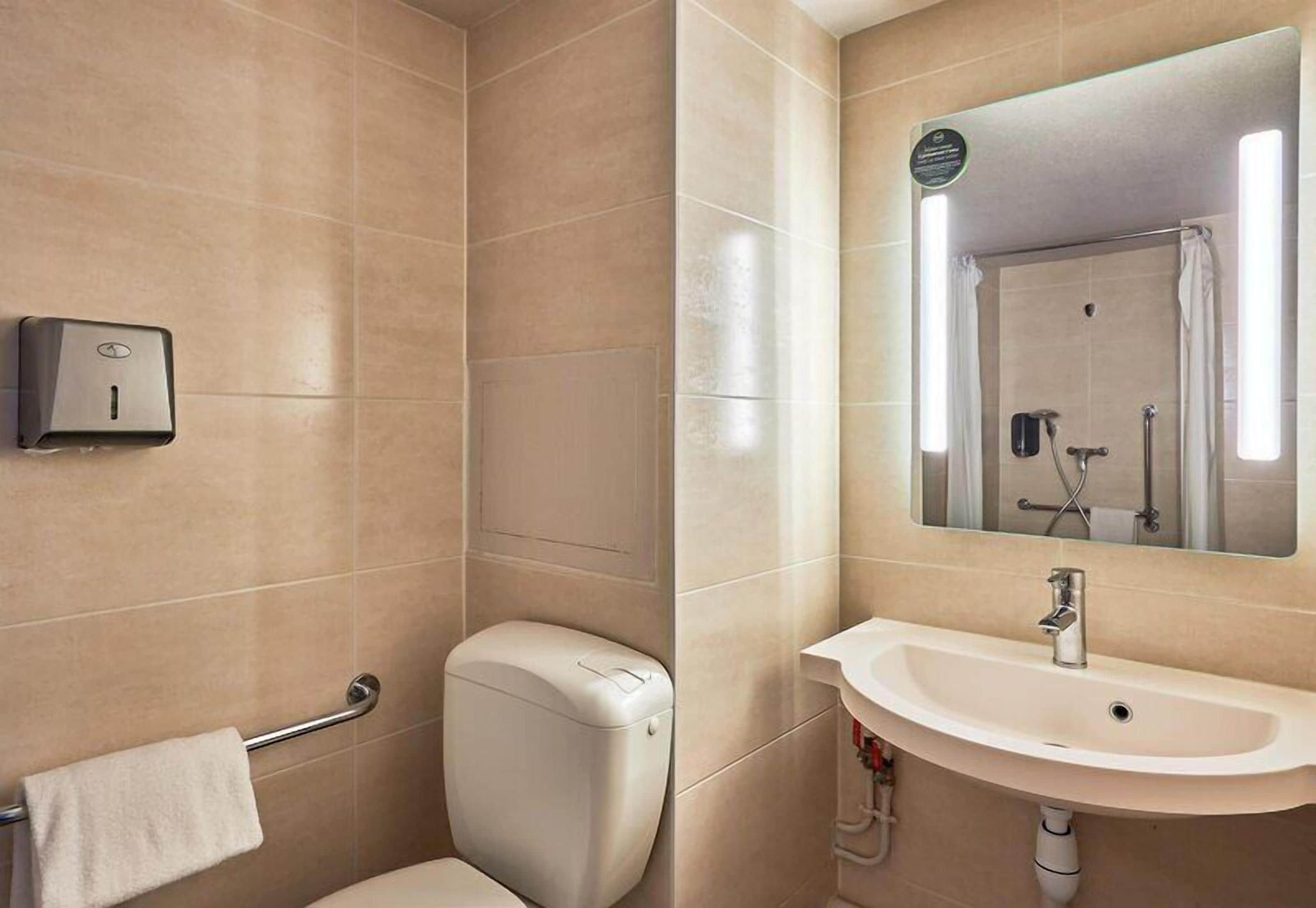 Une salle de bain équipée de toilettes, d’un lavabo, d’un miroir et d’un porte-serviettes.