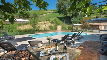 Outdoor pool, open 9:00 AM to 7:00 PM, pool loungers