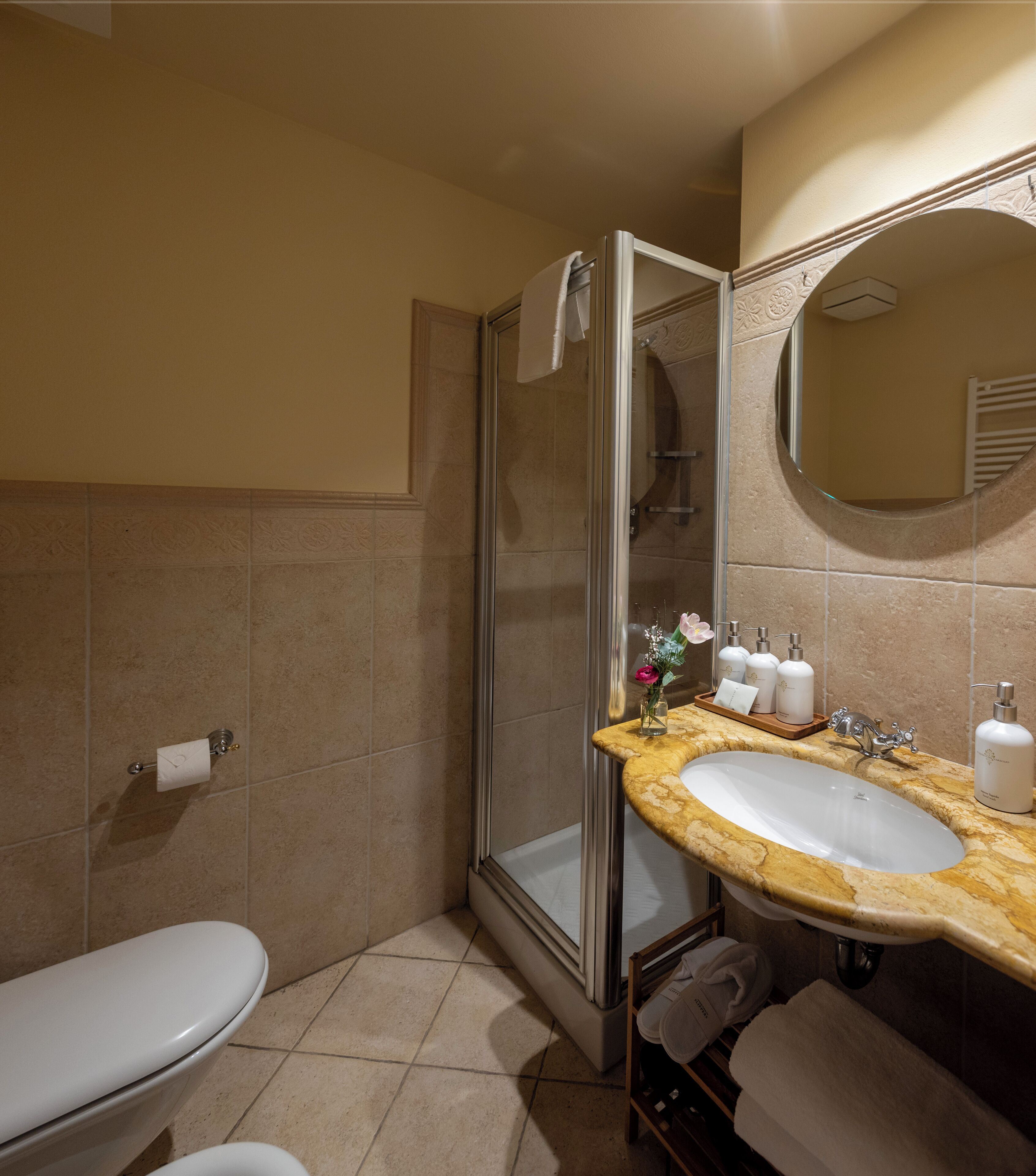 A bathroom with a toilet, a sink, a shower, and a mirror.