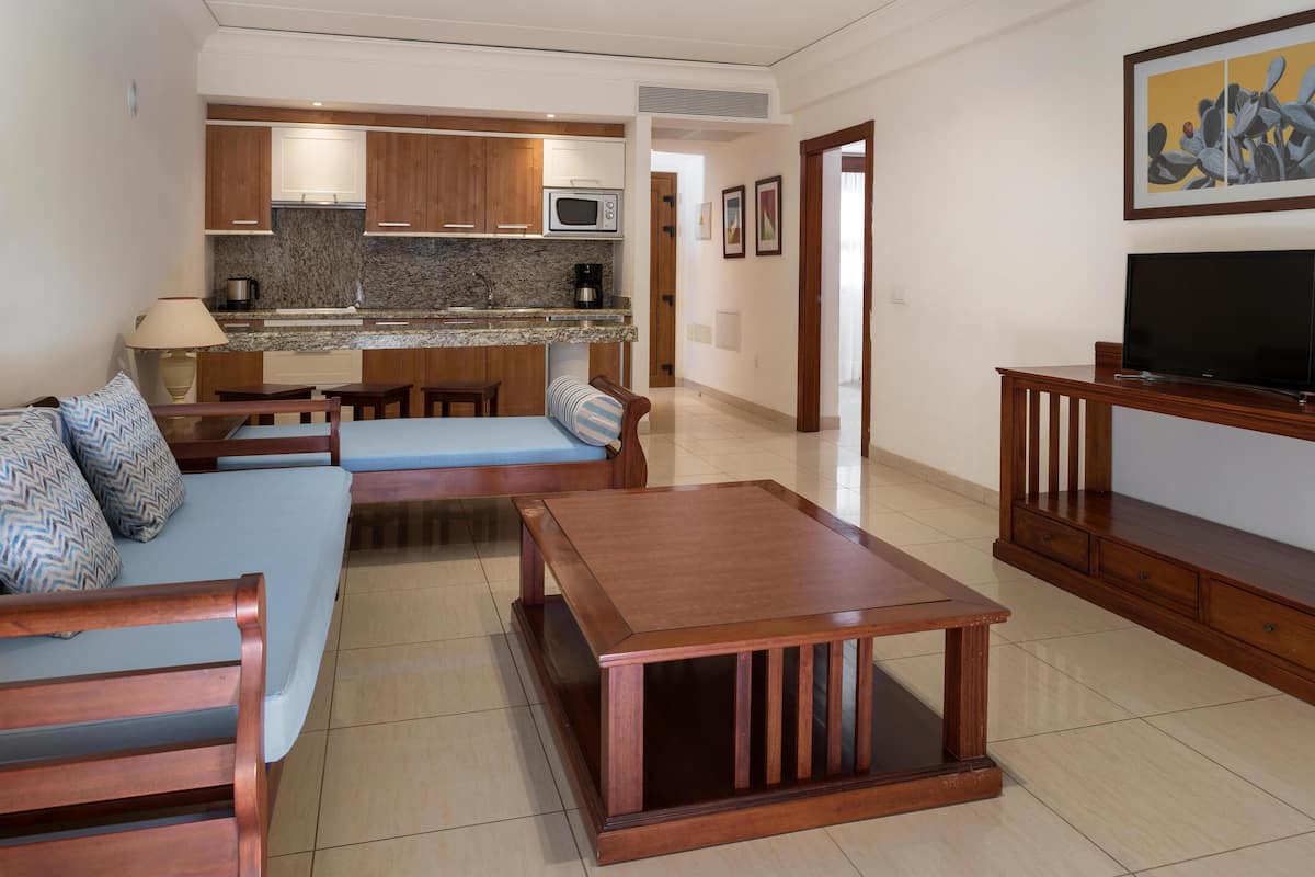 A modern living room with a sofa, a coffee table, and a TV. There is a kitchen area with granite countertops and wooden cabinets.