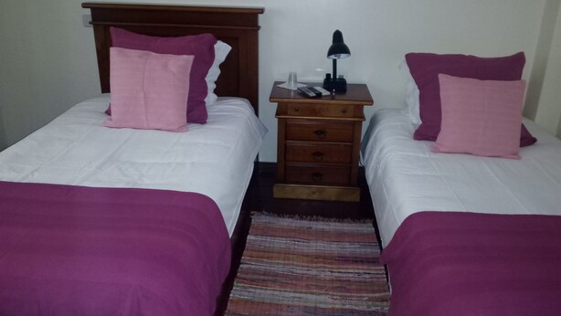 A hotel room with two single beds, each with a wooden headboard, white bedding, and purple pillows. There is a small wooden nightstand with a lamp and a remote control between the beds.