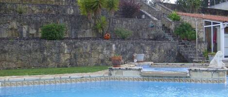 Outdoor pool, pool umbrellas, pool loungers