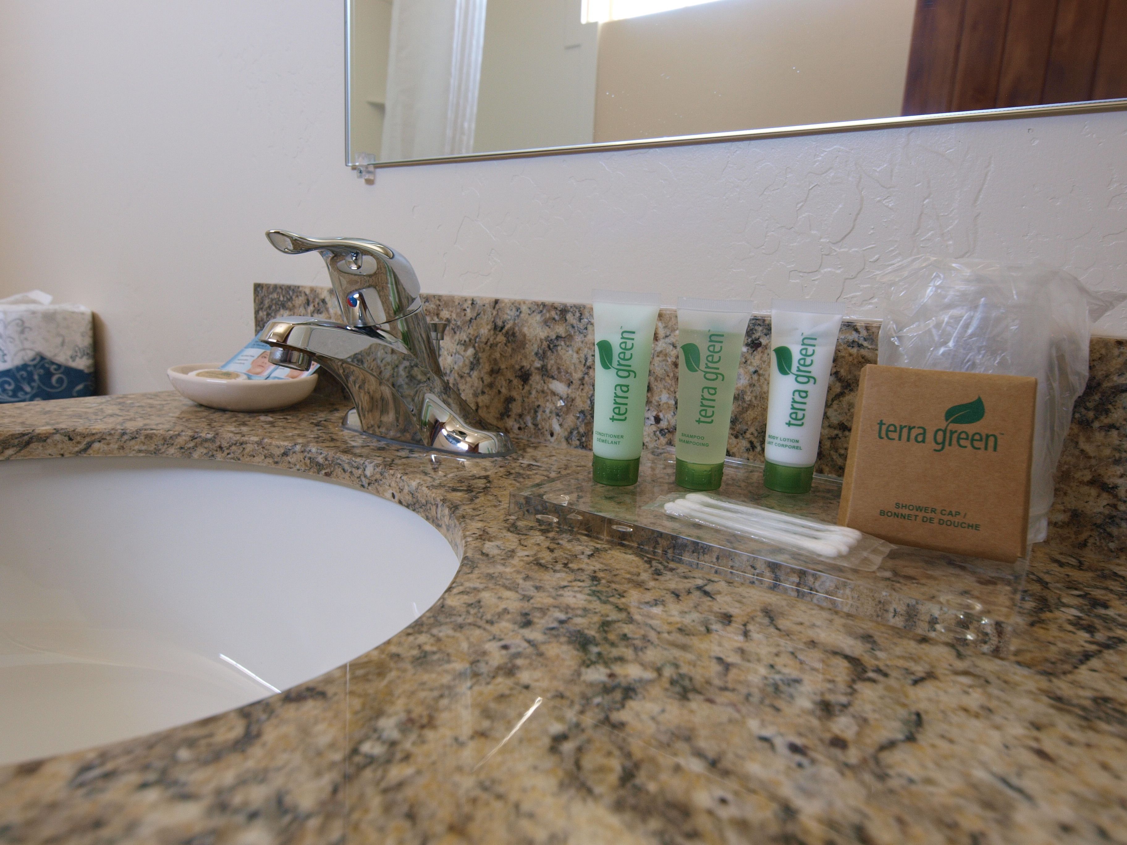 A bathroom sink with a granite countertop, a mirror, and toiletries including a Terra Green shower cap, conditioner, and shampoo.