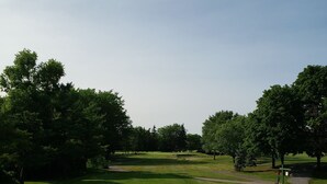Un área verde bien cuidada, con árboles, un sendero y un pequeño quiosco.