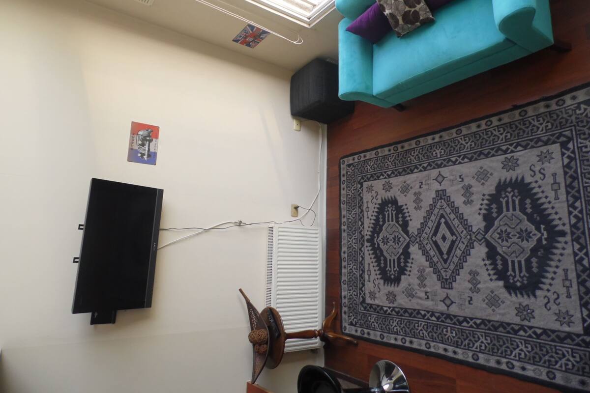 Una habitación con sofá color turquesa, alfombra estampada, televisor de pantalla plana y un adorno de pared.