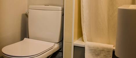 A bathroom with a toilet, a shower curtain, and a towel rack.
