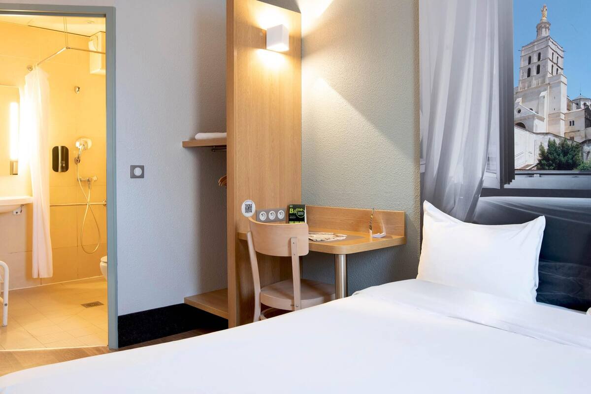 A hotel room with a bed, a desk, a shower, and a view of a historic building.